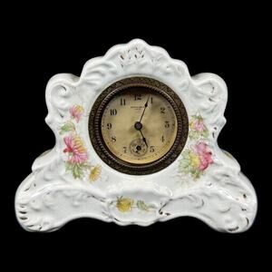 Antique 1800s New Haven Clock Co Victorian Porcelain Wind-Up Mantel Clock 6"